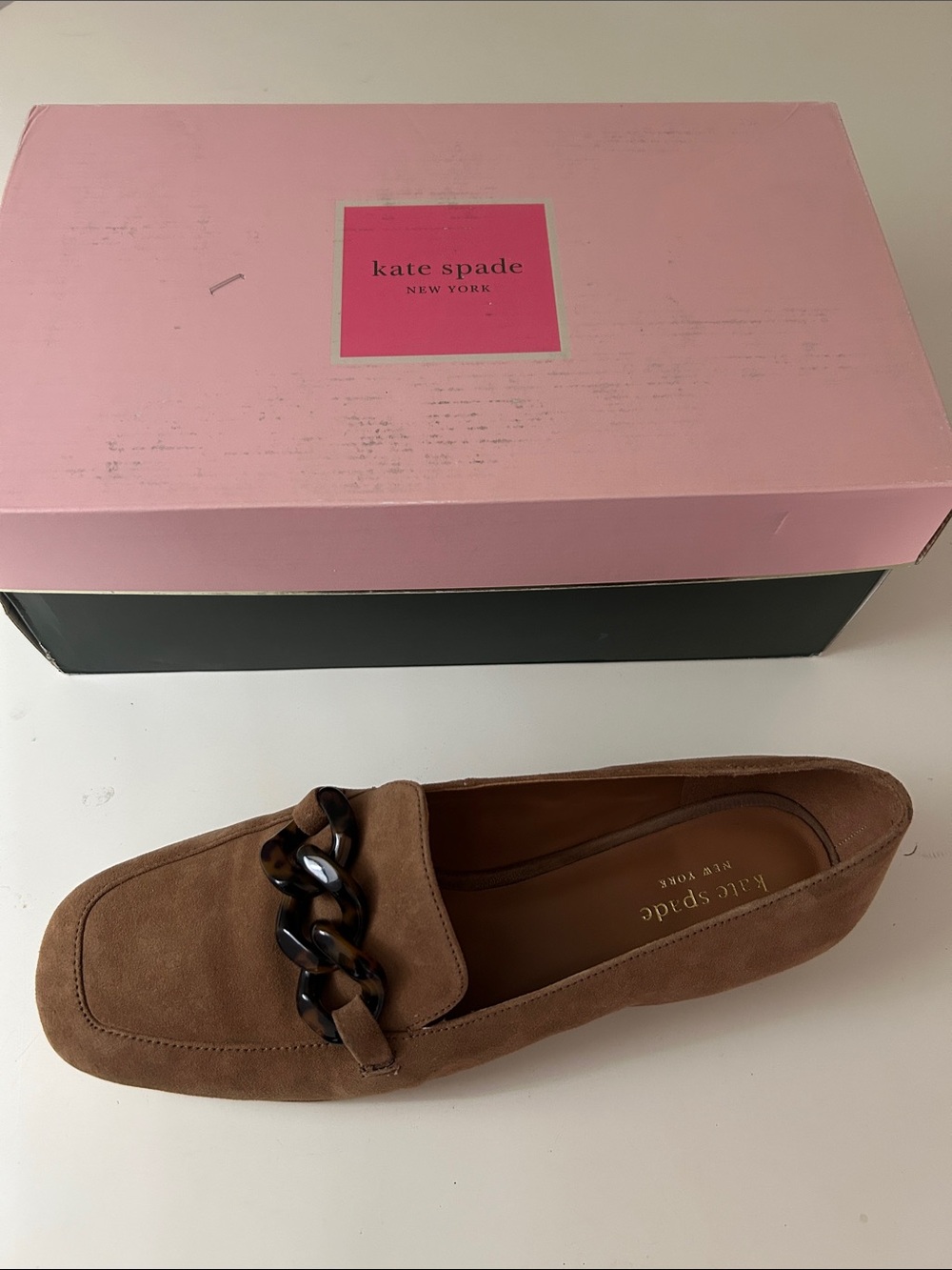 kate spade Rowan toffee colored Suede Loafer with Tortoiseshell Chain - NWT